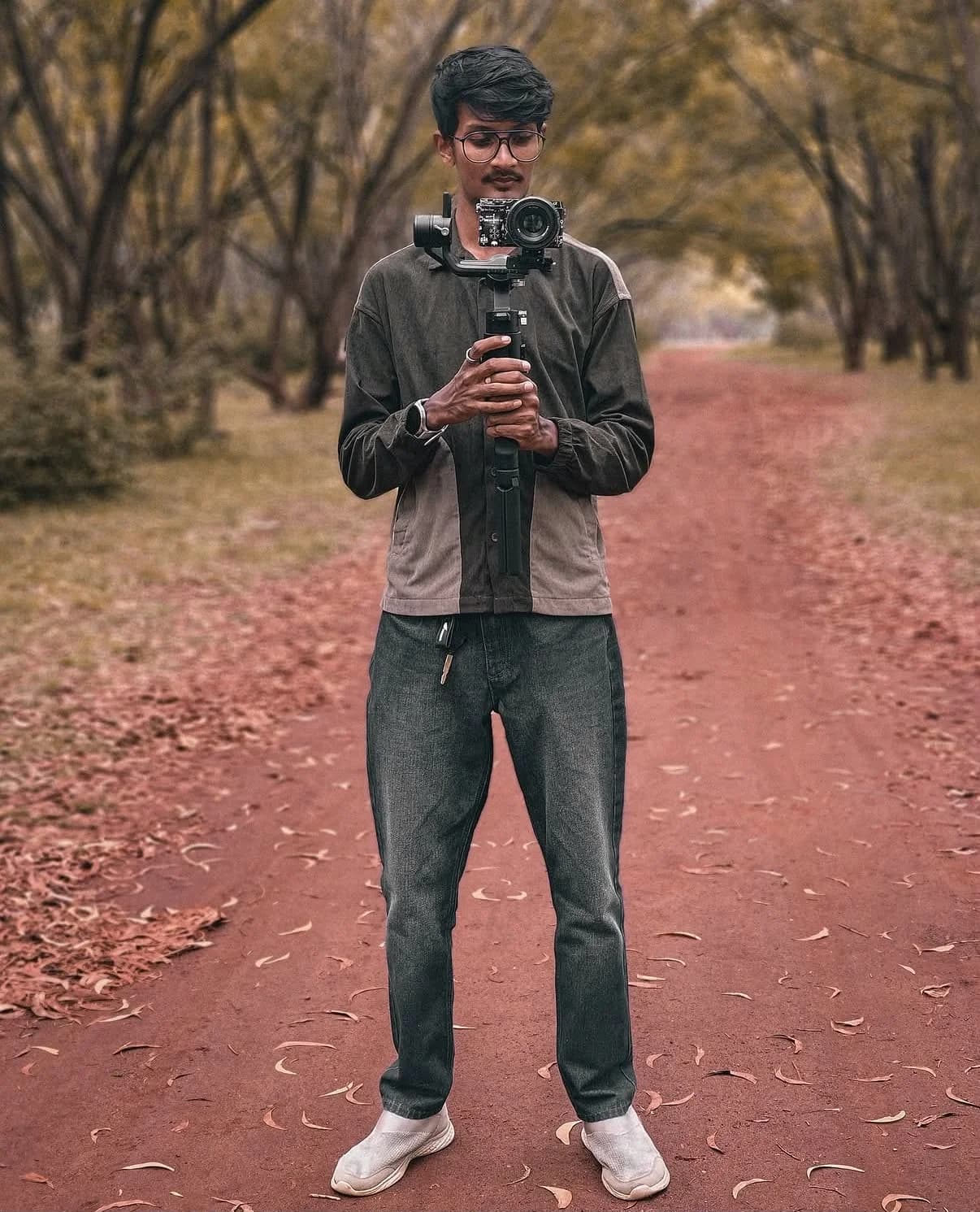 Suhail standing on a leaf-covered path, holding a camera