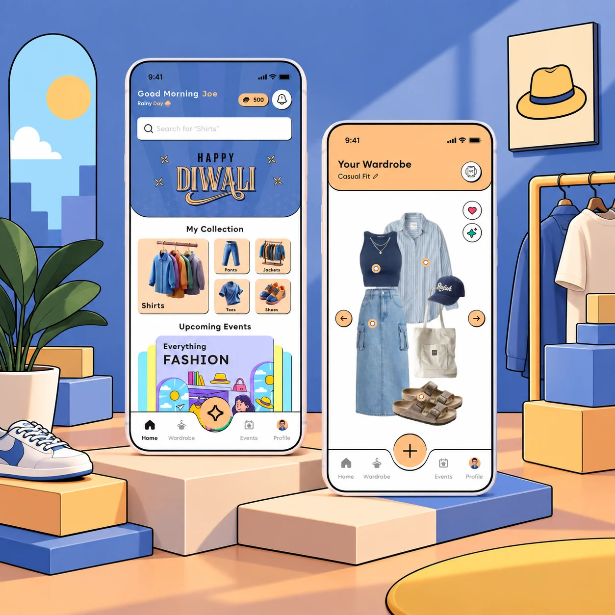 The Kyra AI app, showing the styling assistant and a wardrobe.