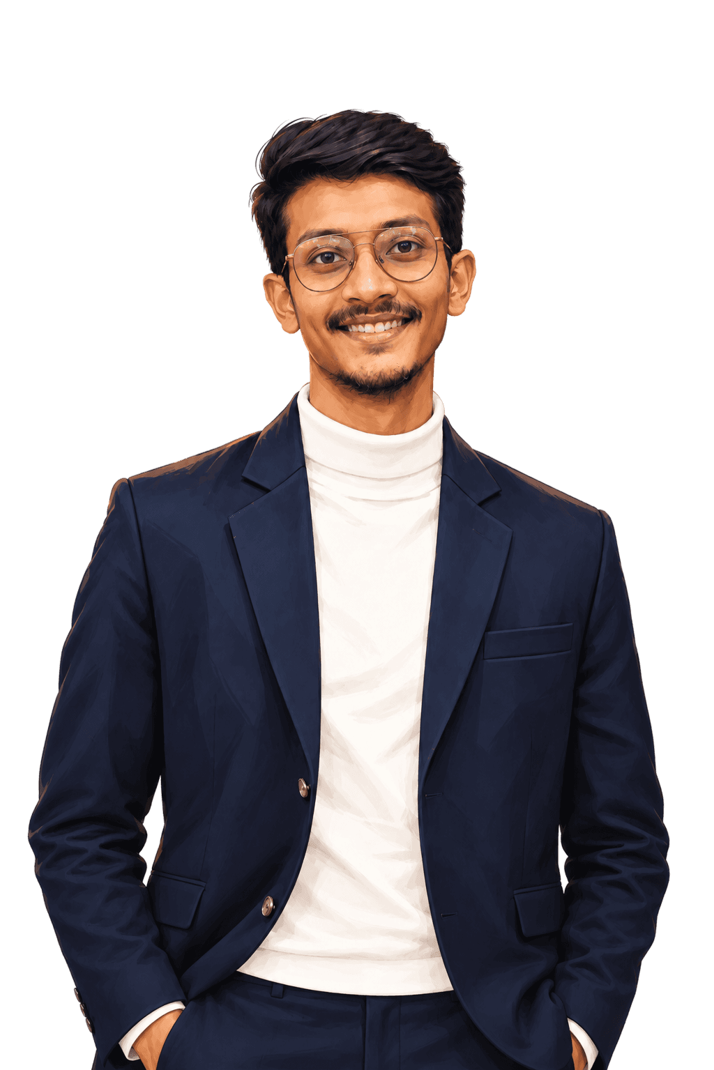 Illustrated portrait of Suhail in a navy blazer and white turtleneck.